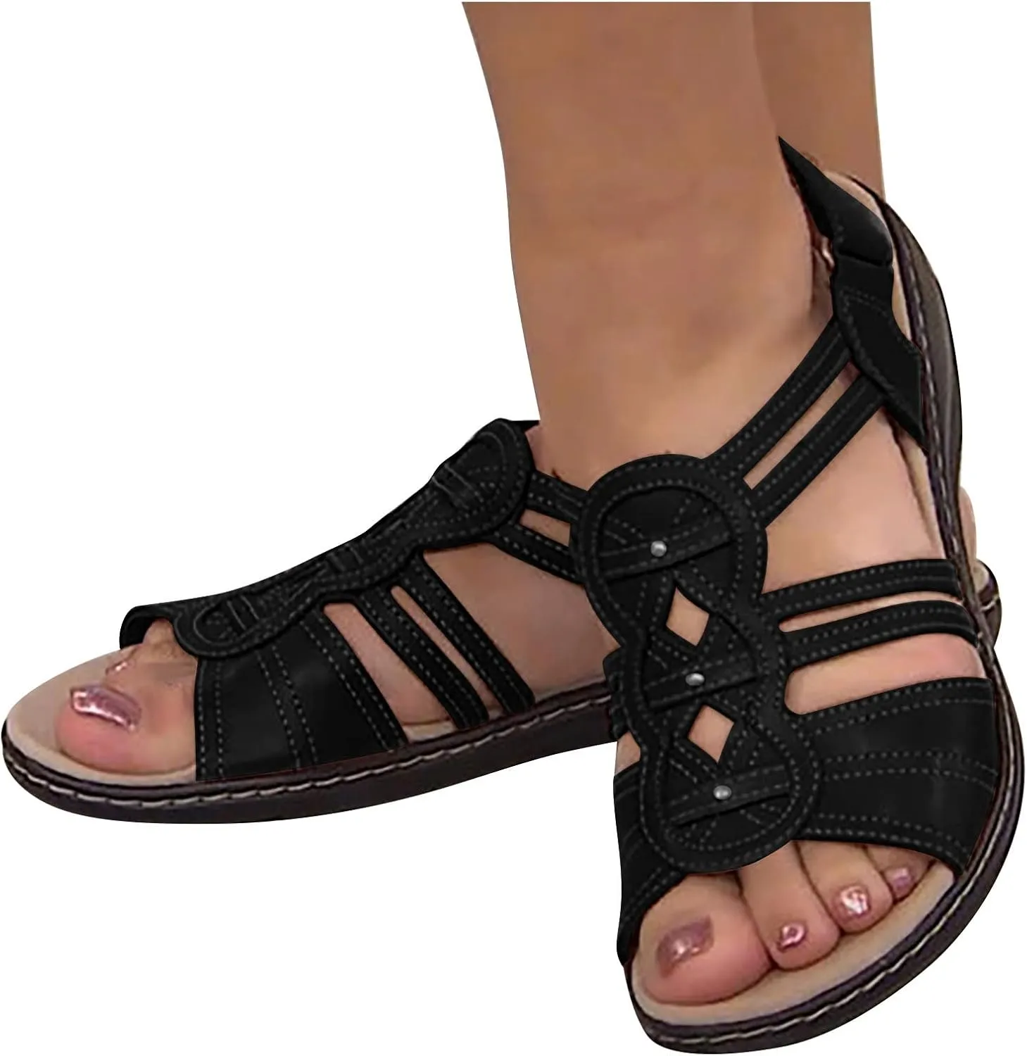 Orthopedic Sandals for Women Summer Comfort Walking Flats Cutout Design Adjustable Casual Slingback Shoes