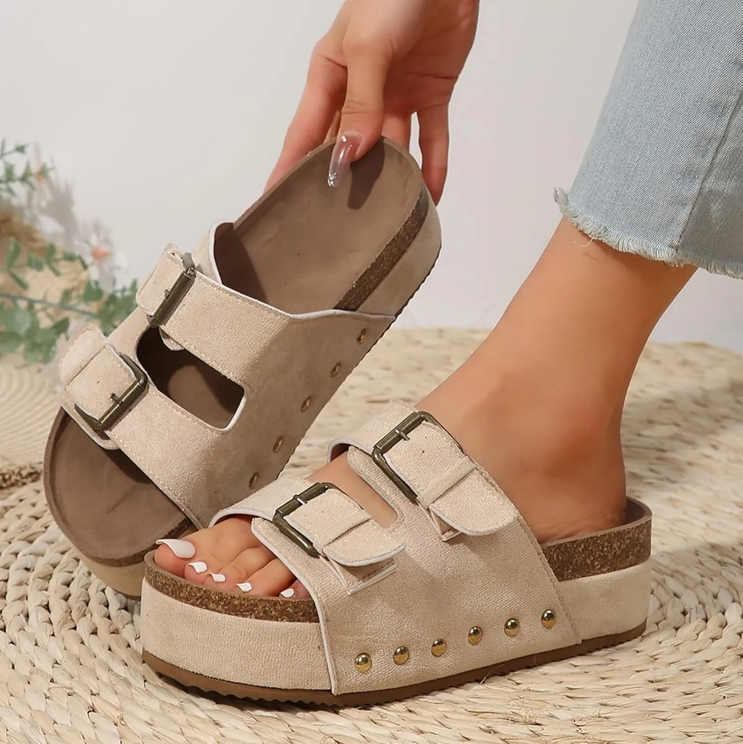 Orthopedic Wedge Sandals for Women 2025,Women's Platform Open Toe Slip On Slides Cutout Comfortable Slide Casual Dressy Summer Wedges Sandal Boho Beach Ladies Low Heel Dress Shoes