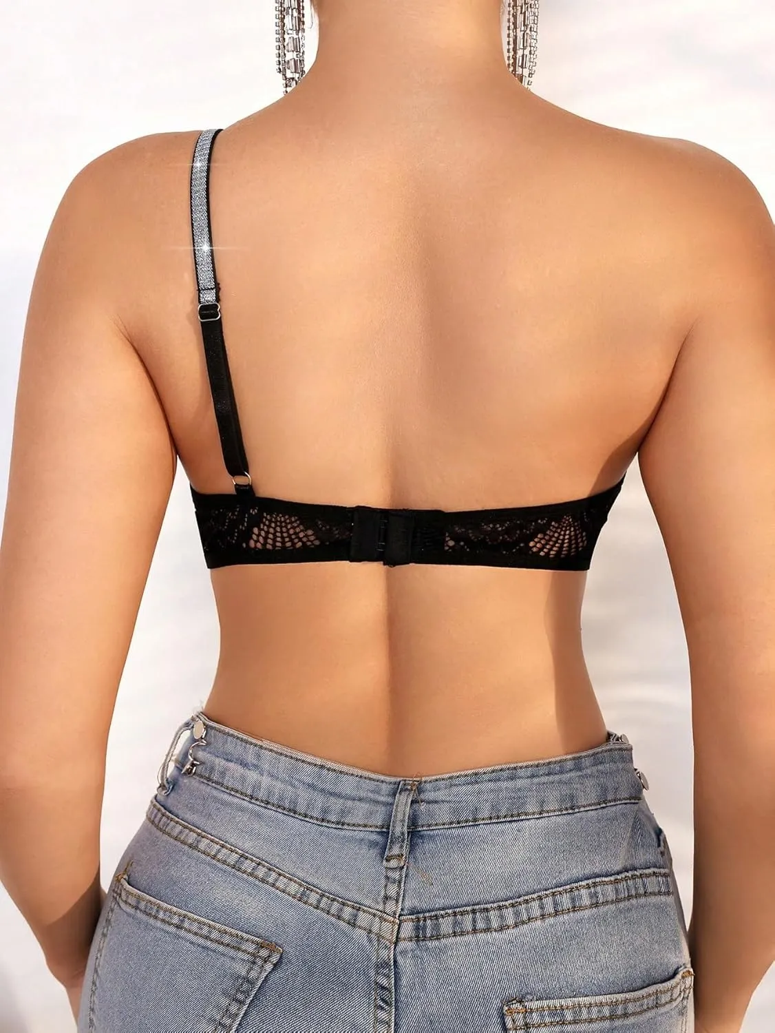 OYOANGLE Women's Rhinestone One Shoulder Bralette Floral Lace Cut Out Wireless Medium Support Unlined Bras