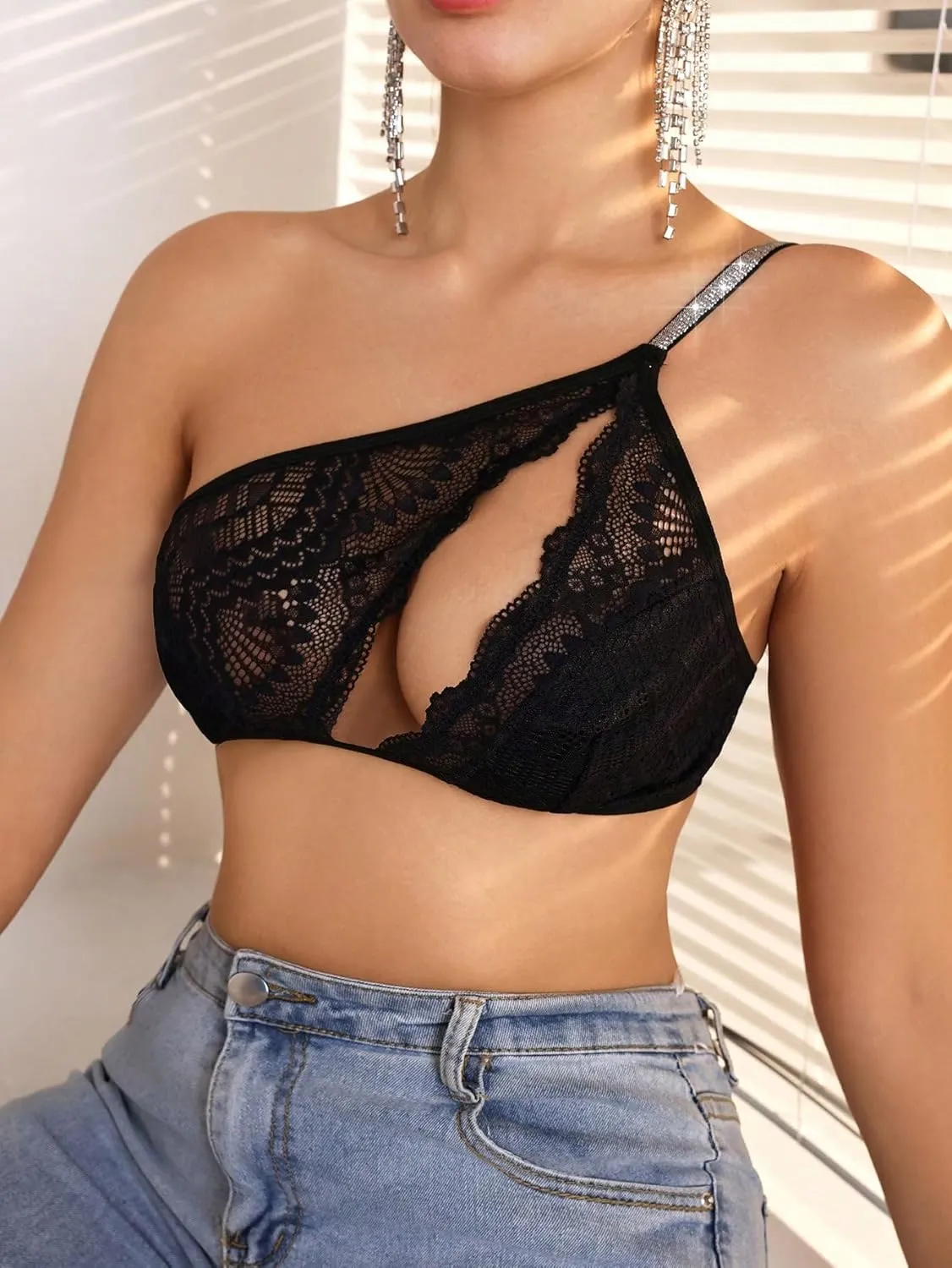OYOANGLE Women's Rhinestone One Shoulder Bralette Floral Lace Cut Out Wireless Medium Support Unlined Bras