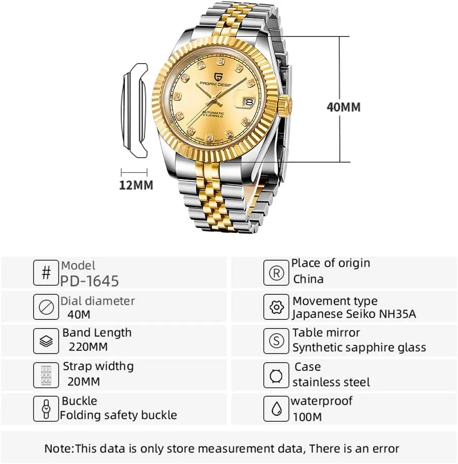 Pagani Design Automatic Watch, 40mm Stainless Steel Case, Date Display, NH35 Movement, 100m Water Resistant, Synthetic Sapphire Crystal,
