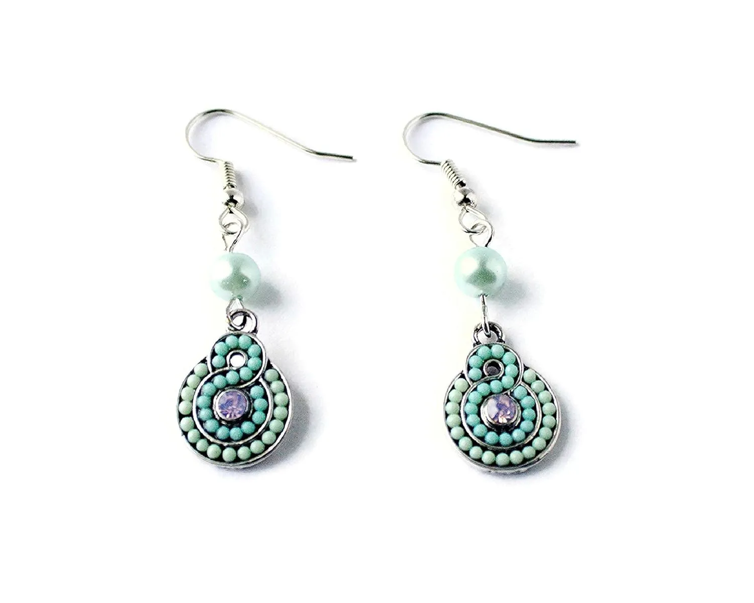 Pale Green Resin Charm Earrings, Mint Green Pearl Earrings, Opal Pink Rhinestones, Silver Hypoallergenic Nickel Free Regular Ear Wires, Dangle Unique Everyday Casual Handmade, Jewelry Inspirations