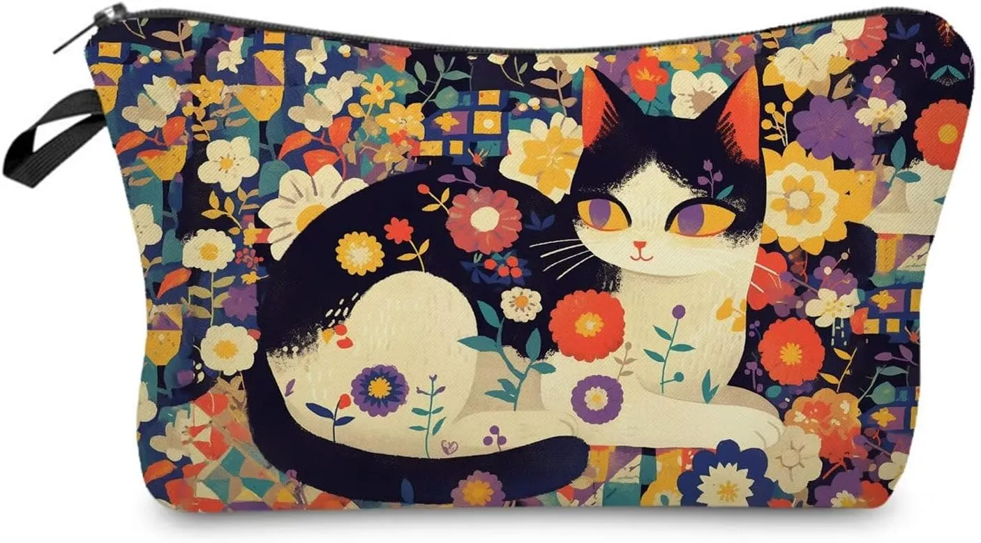 Patchwork Style Floral Cat Makeup Bag Small Organizer Bag Toiletry Zipper Pouch Collage Painting Floral Kitten Cosmetic Bag Present for Cat Lovers Cat Mom Women Friends