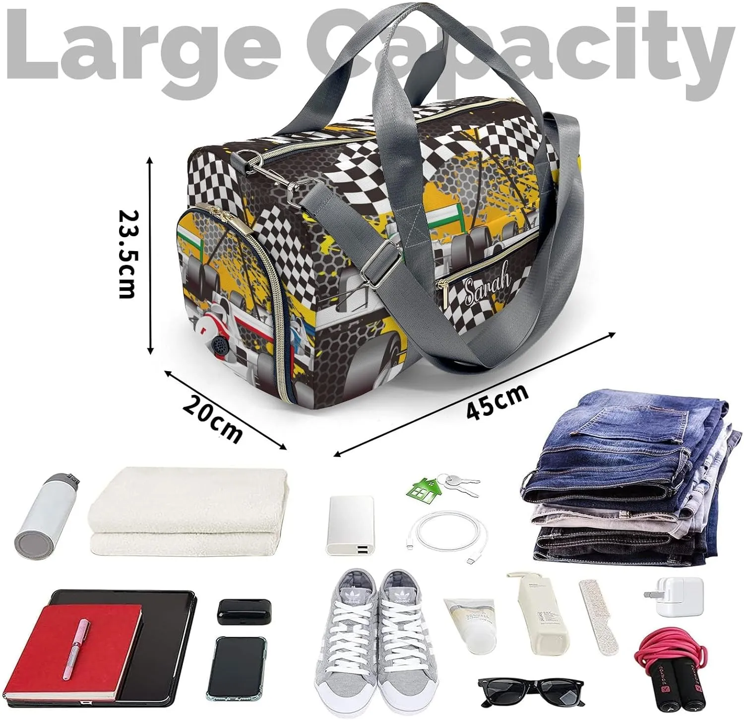 Personalized Car Racing Checkered Flags Custom Multi-functional Travel Bag, Unisex Portable Duffel Bag, Short Distance Travel Assistant
