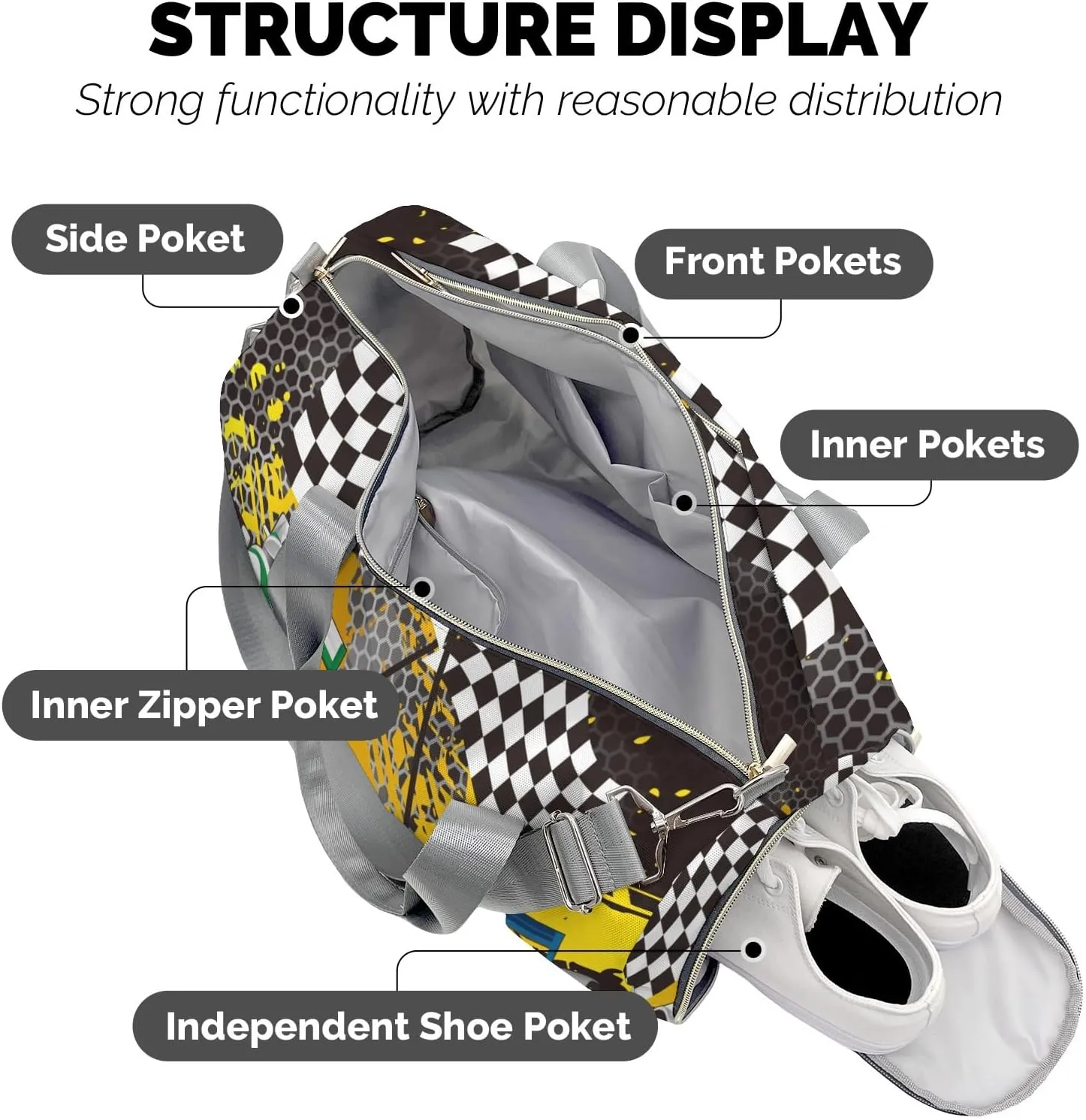 Personalized Car Racing Checkered Flags Custom Multi-functional Travel Bag, Unisex Portable Duffel Bag, Short Distance Travel Assistant