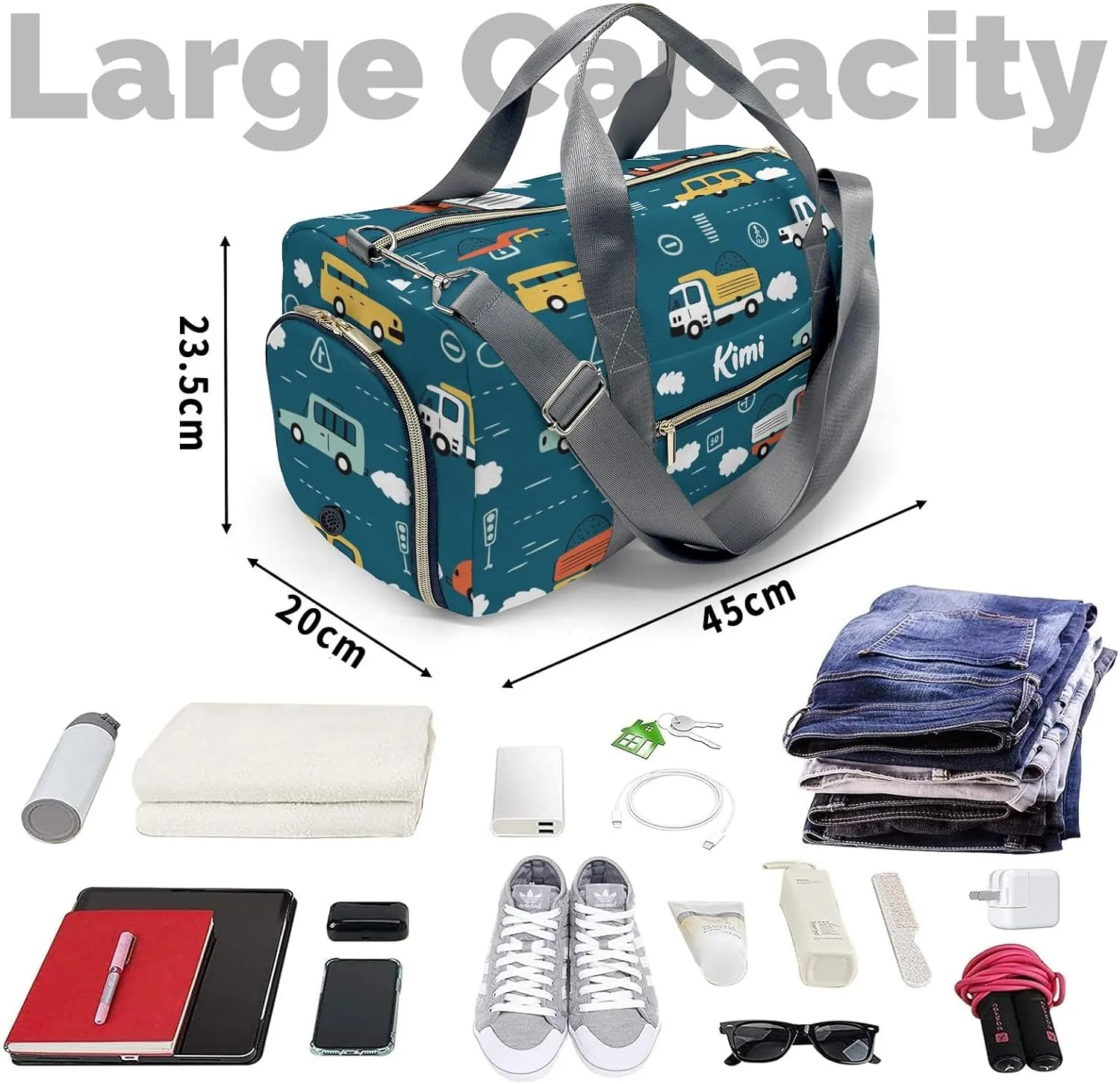 Personalized Cartoon Transportation Cars Custom Multi-functional Travel Bag, Unisex Portable Duffel Bag, Short Distance Travel Assistant