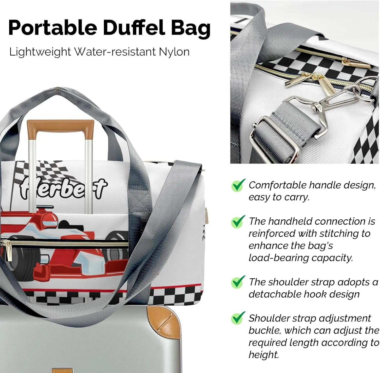 Personalized Race Car Checkered Custom Multi-functional Travel Bag, Unisex Portable Duffel Bag, Short Distance Travel Assistant
