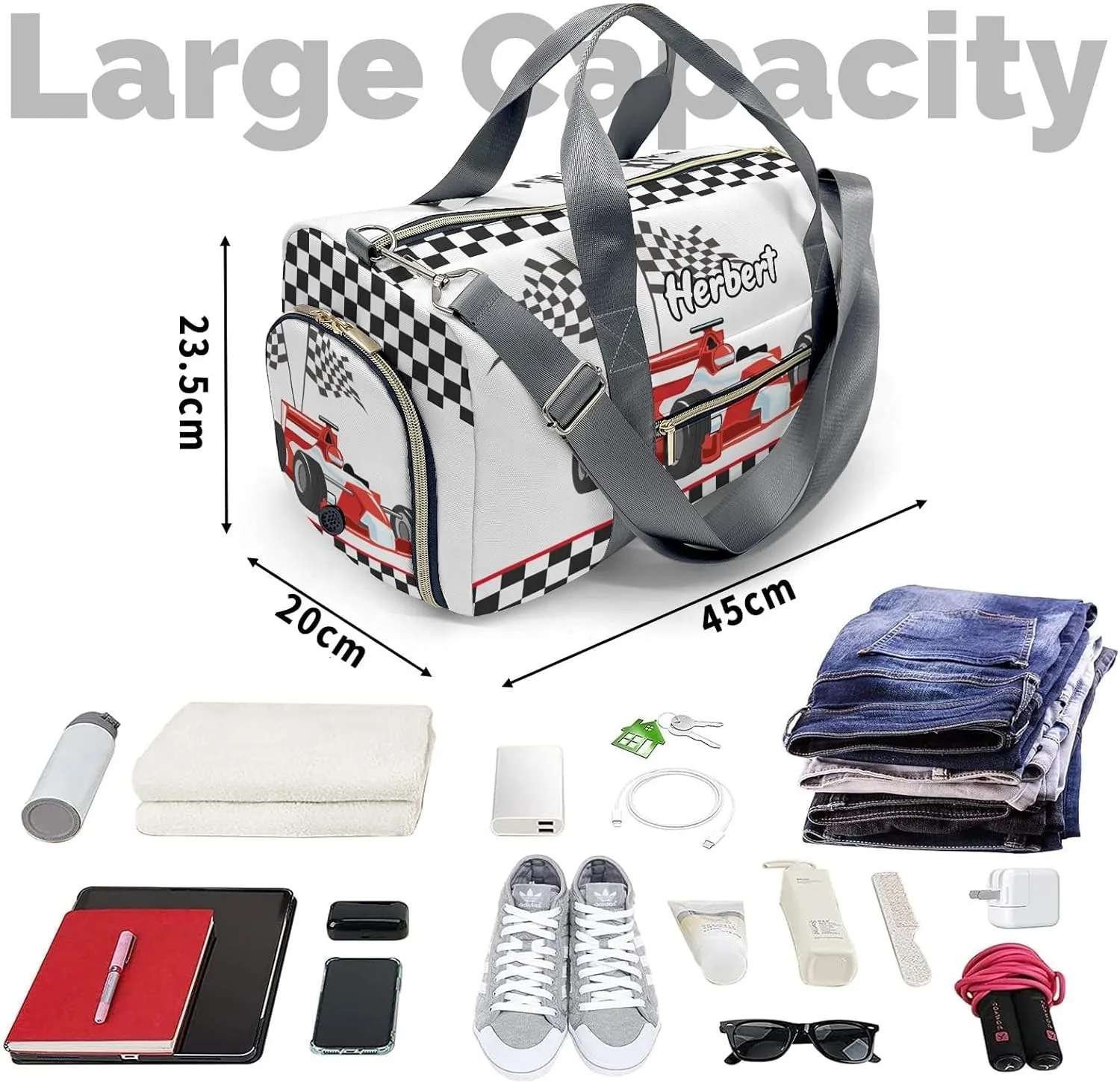 Personalized Race Car Checkered Custom Multi-functional Travel Bag, Unisex Portable Duffel Bag, Short Distance Travel Assistant