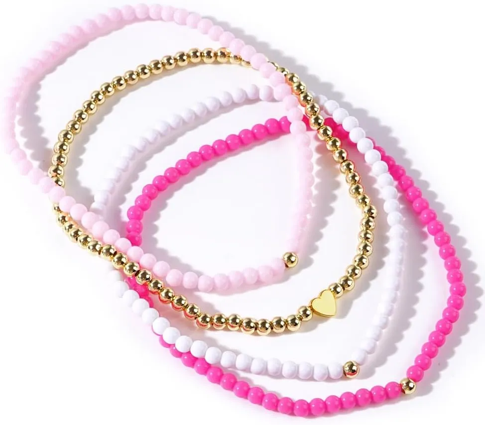 Pingyongchang Bohemian Multilayers Pink Beads Anklets Set for Women Acrylic Stretch Heart Ankle Bracelets Handmade Elastic Foot and Hand Chain Beach Party Holiday Jewelry