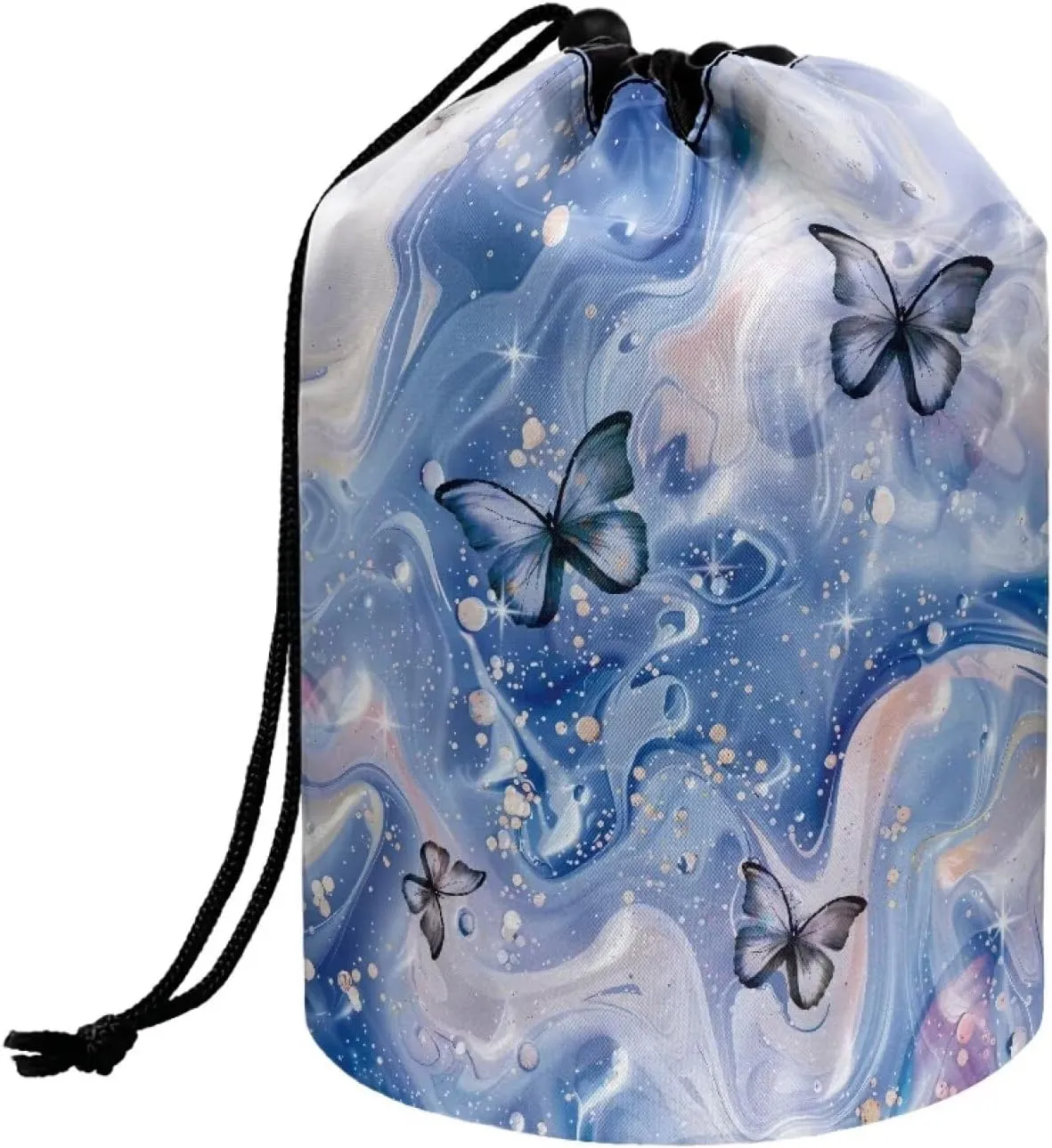 Poceacles Blue Butterfly Marble Travel Makeup Bags, Portable Drawstring Cosmetic Bag for Women, Foldable Barrel Toiletry Case Organizer Storage Bags