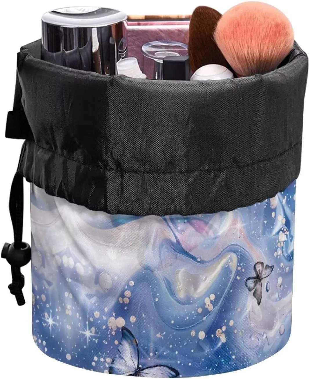 Poceacles Blue Butterfly Marble Travel Makeup Bags, Portable Drawstring Cosmetic Bag for Women, Foldable Barrel Toiletry Case Organizer Storage Bags