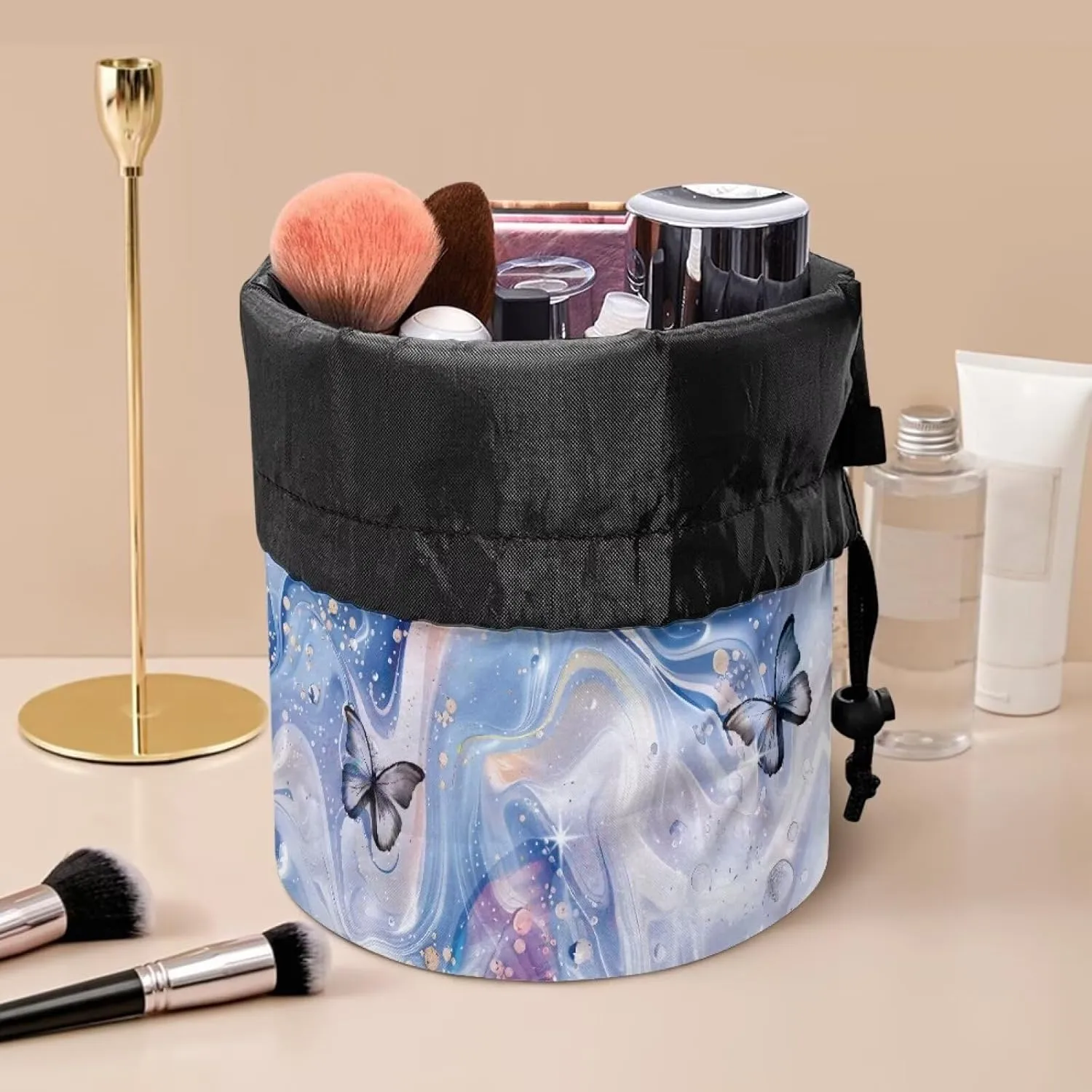 Poceacles Blue Butterfly Marble Travel Makeup Bags, Portable Drawstring Cosmetic Bag for Women, Foldable Barrel Toiletry Case Organizer Storage Bags