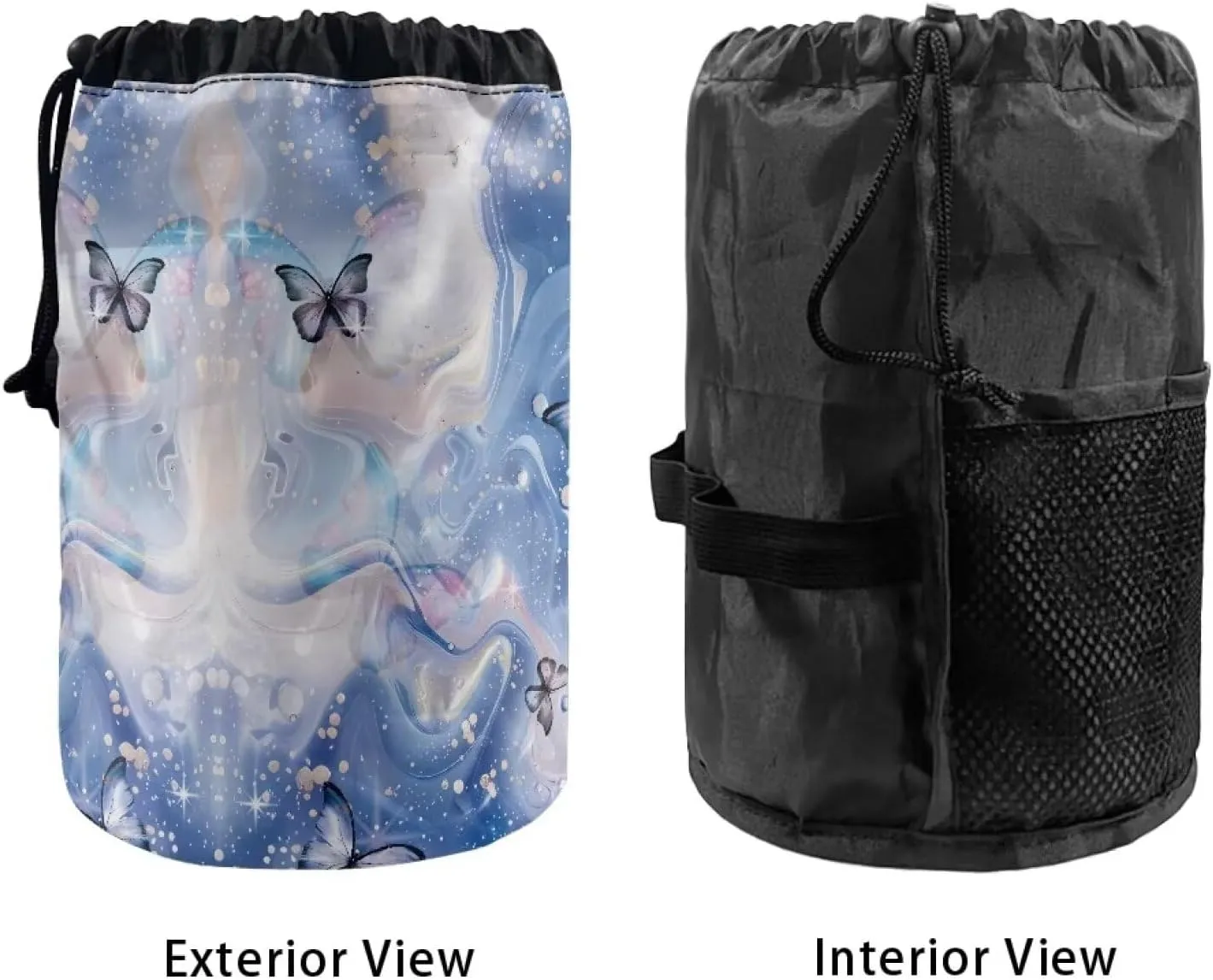 Poceacles Blue Butterfly Marble Travel Makeup Bags, Portable Drawstring Cosmetic Bag for Women, Foldable Barrel Toiletry Case Organizer Storage Bags