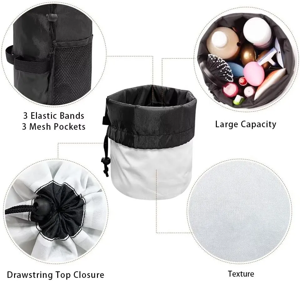 Poceacles Blue Butterfly Marble Travel Makeup Bags, Portable Drawstring Cosmetic Bag for Women, Foldable Barrel Toiletry Case Organizer Storage Bags