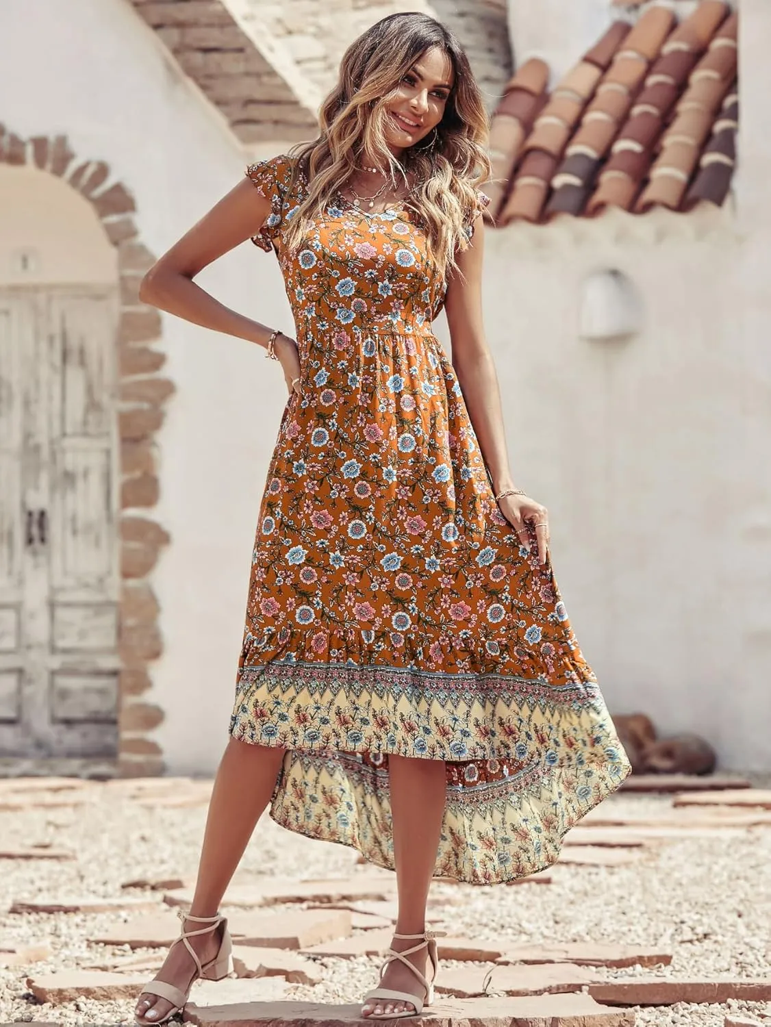 PRETTYGARDEN Women's Summer Maxi Dresses Casual Floral V Neck Cap Sleeve Boho High Low Flowy Sundresses Beach Midi Dress