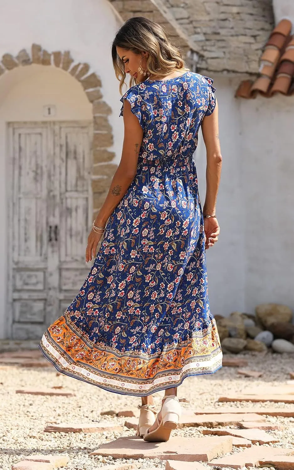 PRETTYGARDEN Women's Summer Maxi Dresses Casual Floral V Neck Cap Sleeve Boho High Low Flowy Sundresses Beach Midi Dress