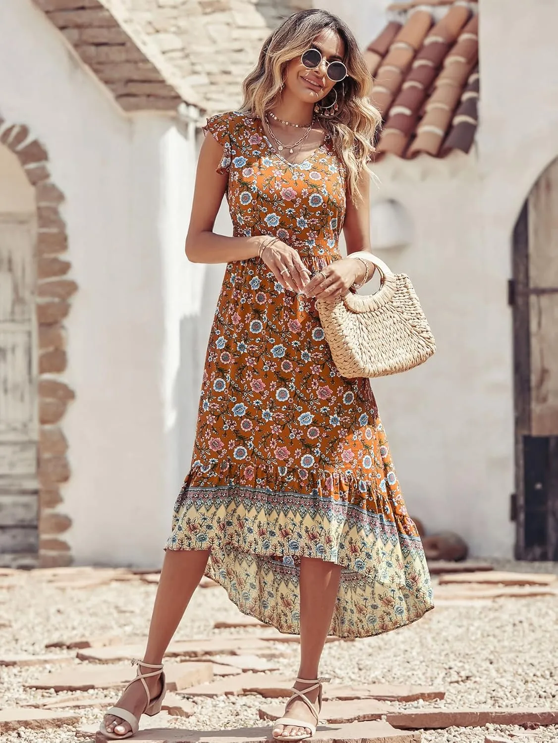 PRETTYGARDEN Women's Summer Maxi Dresses Casual Floral V Neck Cap Sleeve Boho High Low Flowy Sundresses Beach Midi Dress