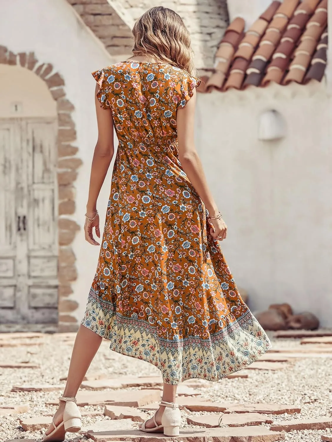 PRETTYGARDEN Women's Summer Maxi Dresses Casual Floral V Neck Cap Sleeve Boho High Low Flowy Sundresses Beach Midi Dress