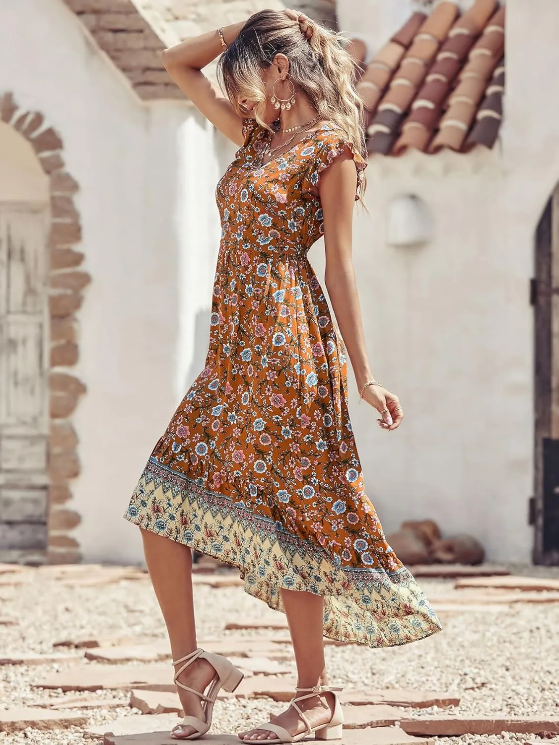 PRETTYGARDEN Women's Summer Maxi Dresses Casual Floral V Neck Cap Sleeve Boho High Low Flowy Sundresses Beach Midi Dress