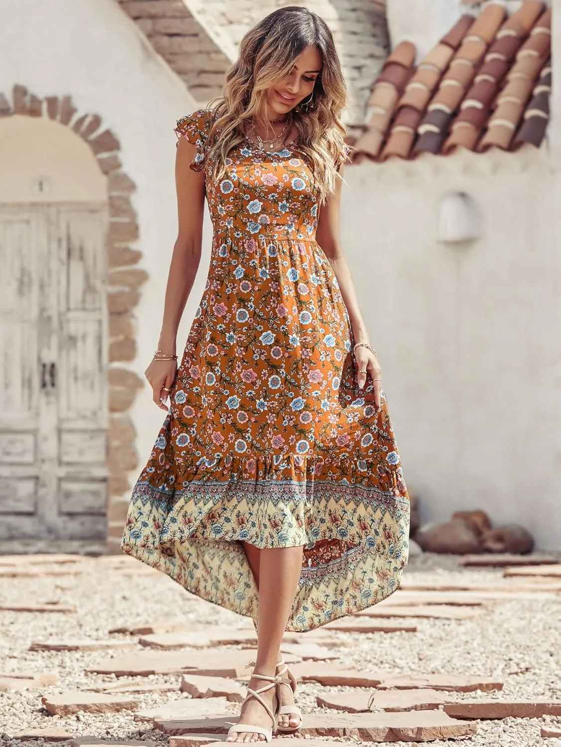 PRETTYGARDEN Women's Summer Maxi Dresses Casual Floral V Neck Cap Sleeve Boho High Low Flowy Sundresses Beach Midi Dress