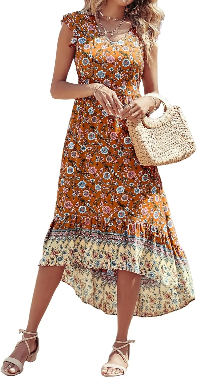 PRETTYGARDEN Women's Summer Maxi Dresses Casual Floral V Neck Cap Sleeve Boho High Low Flowy Sundresses Beach Midi Dress