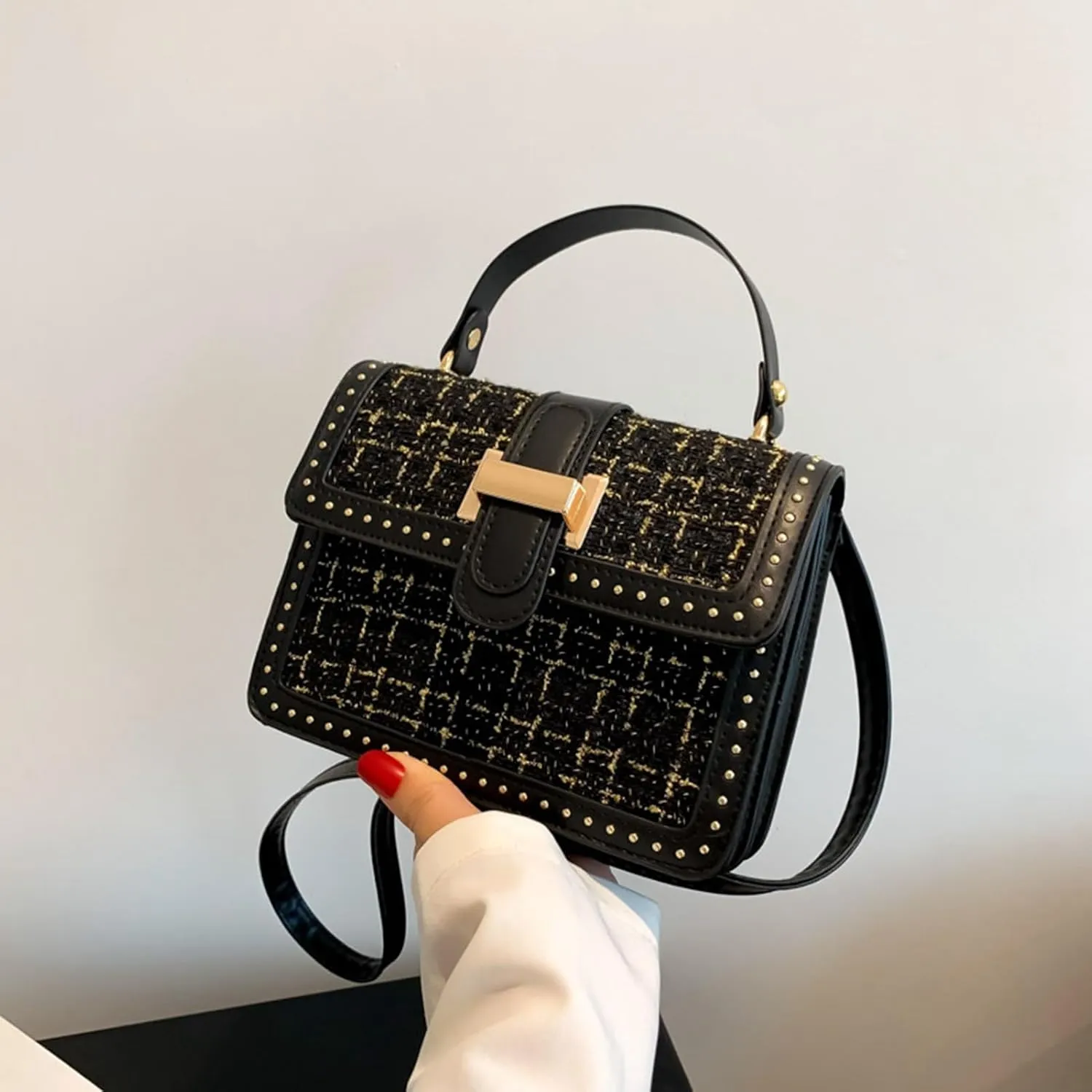PU Leather Handbags for Women Woven Tote Shoulder Bag Ladies Satchel Bag Top Handle Bag with Adjustable Strap (Black)