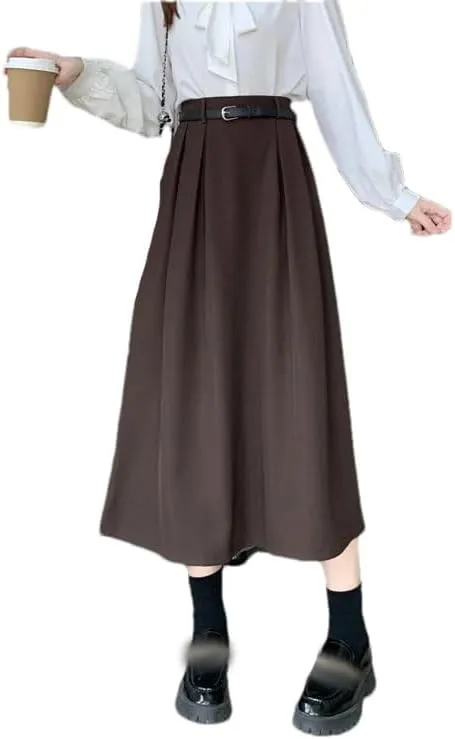 Pulcykp Women High Waist A Line Long Skirt with Belt Solid Big Swing Pleated Maxi Skirts Loose Casual Skrits Coffee 2XL(16)