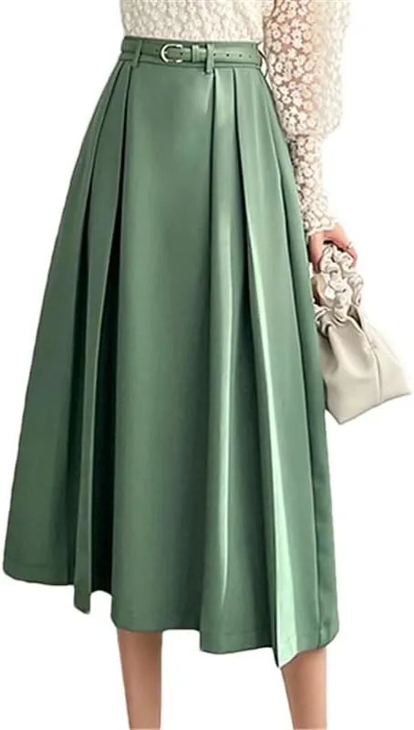 Pulcykp Women Suit Pleated Skirts Fall Solid High Waist A-Line Large Swing Skirts with Belt Long Skirt