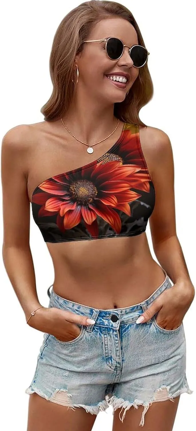 Red Sunflower Seamless One Shoulder Sports Bra Asymmetrical Sports One Shoulder Bra for Women