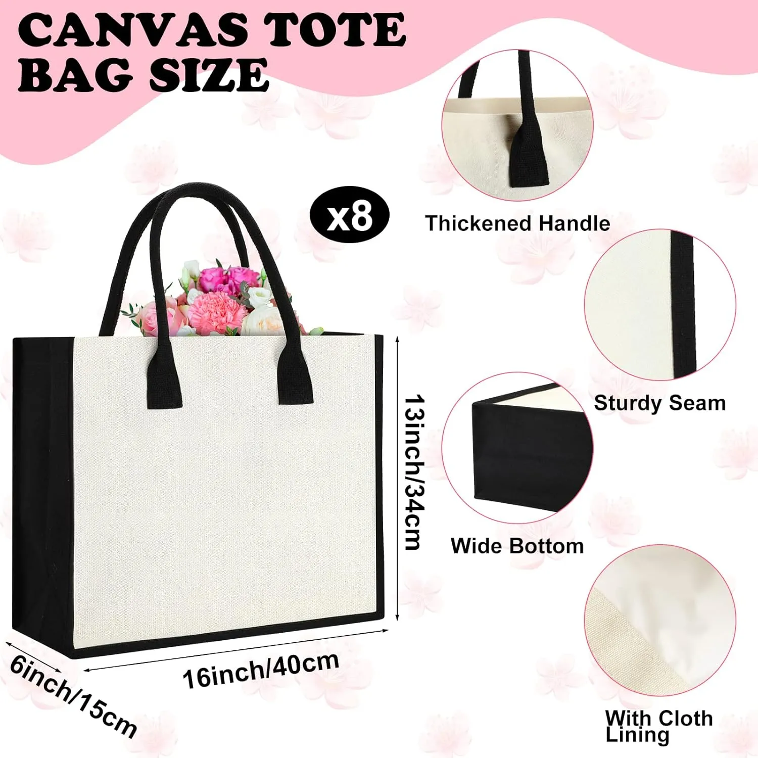 Reginary 16 Pcs Blank Canvas Tote and Makeup Bags Initial DIY Beach Totes Reusable Grocery Bags for Bridesmaid Wedding Summer