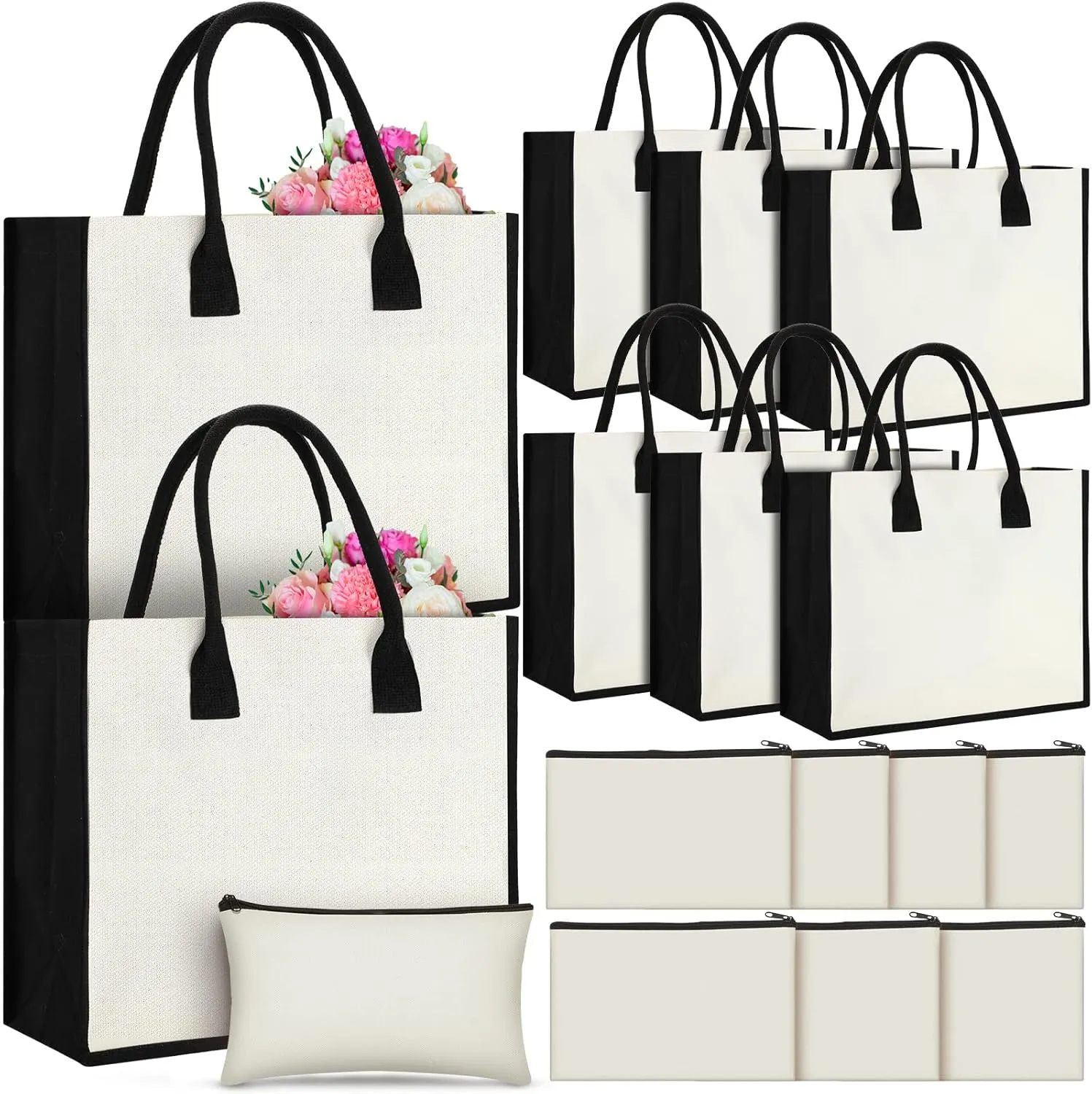 Reginary 16 Pcs Blank Canvas Tote and Makeup Bags Initial DIY Beach Totes Reusable Grocery Bags for Bridesmaid Wedding Summer