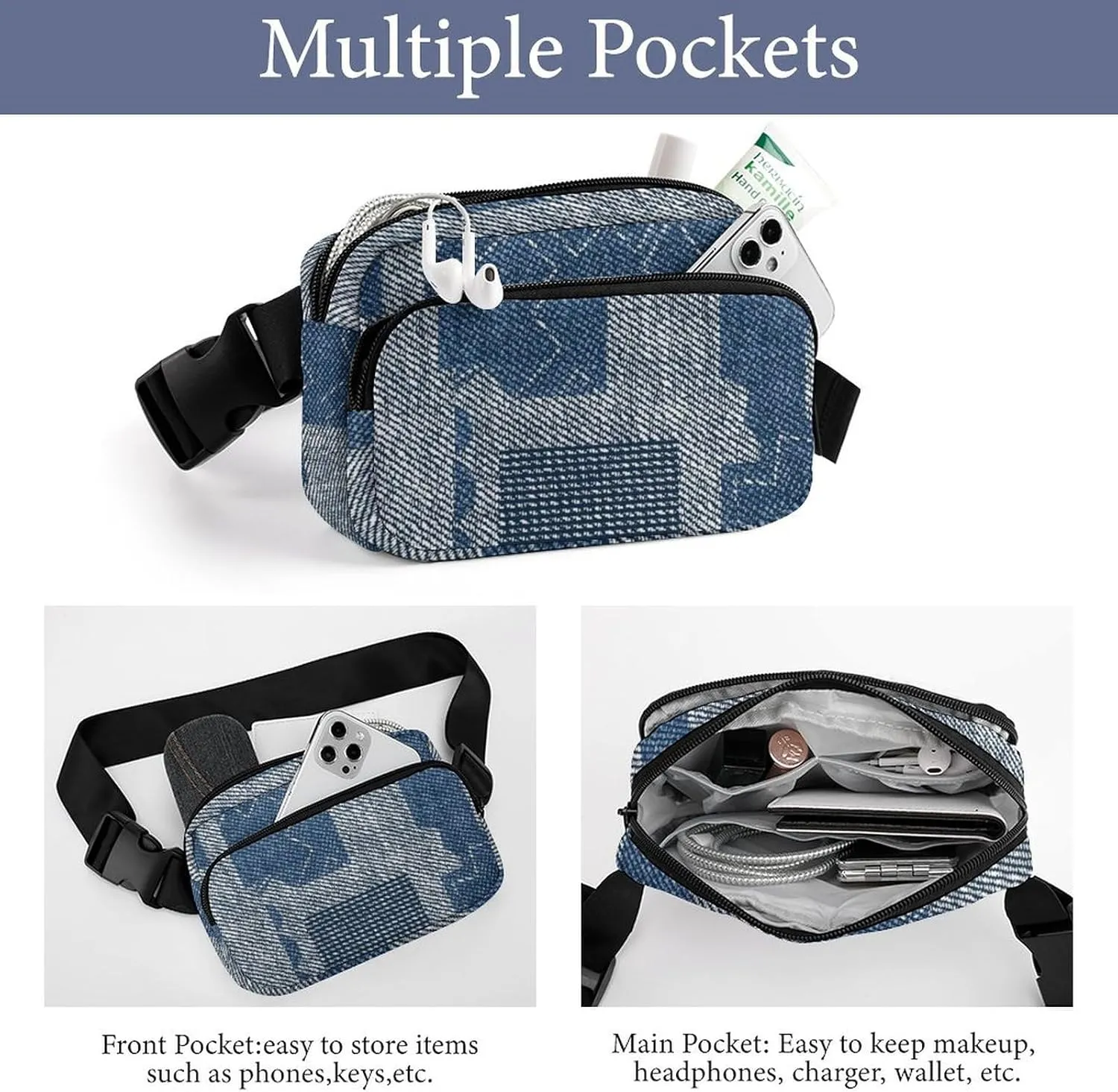 Retro Denim Patchwork Fanny Pack Belt Bag with Adjustable Strap Blue Grey Waist Packs Small Pouch Crossbody Bags for Hiking Running Cycling Traveling