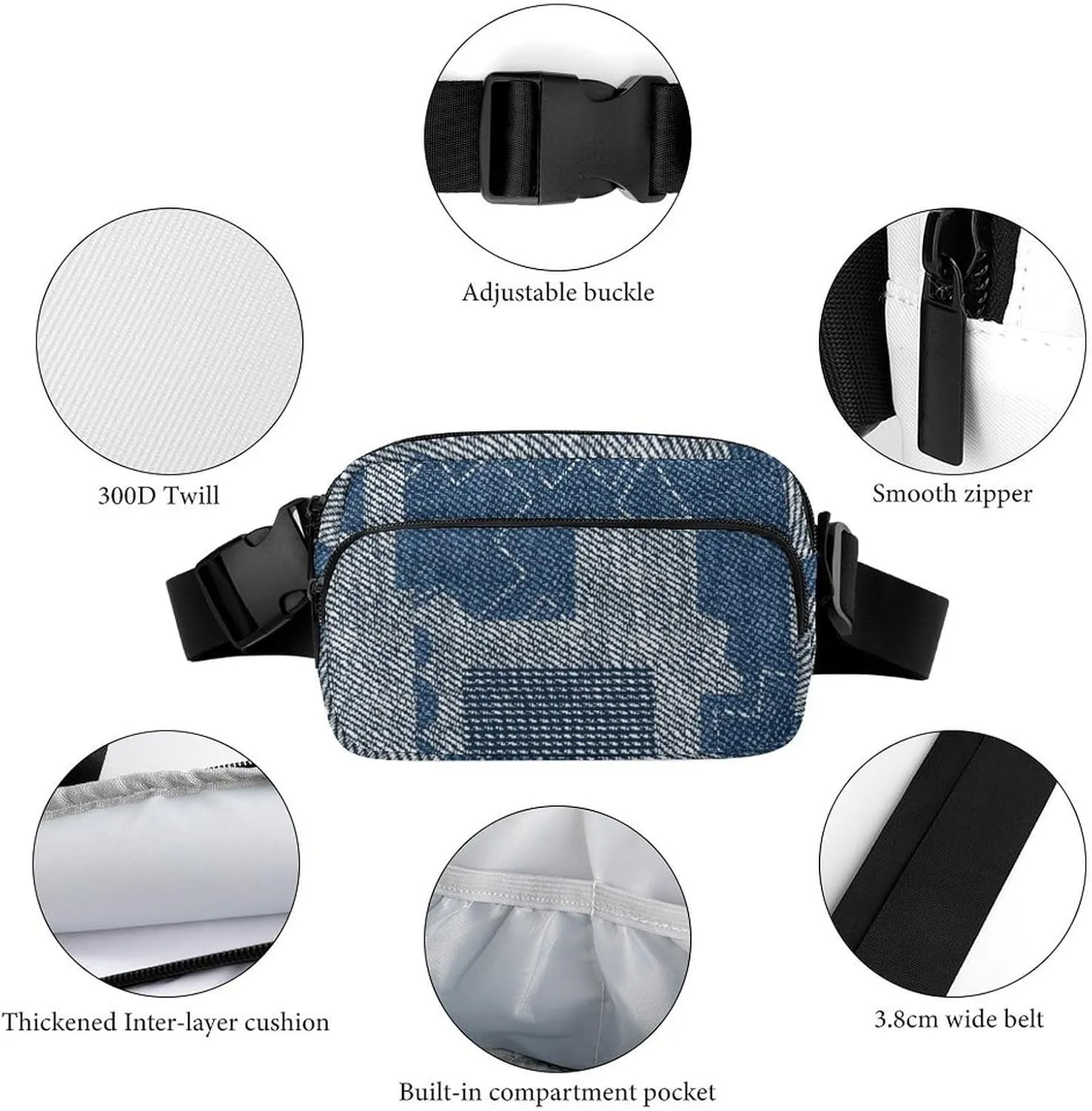 Retro Denim Patchwork Fanny Pack Belt Bag with Adjustable Strap Blue Grey Waist Packs Small Pouch Crossbody Bags for Hiking Running Cycling Traveling
