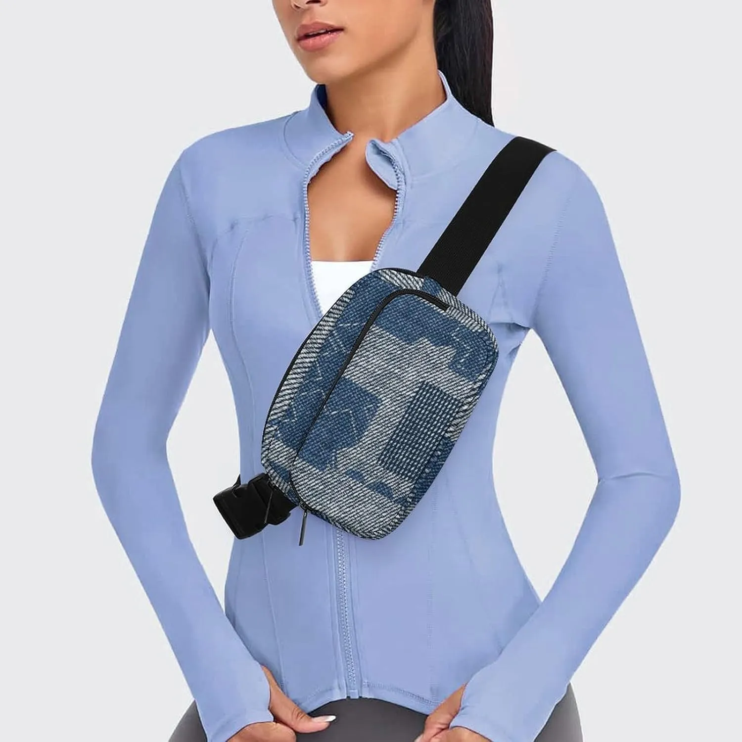 Retro Denim Patchwork Fanny Pack Belt Bag with Adjustable Strap Blue Grey Waist Packs Small Pouch Crossbody Bags for Hiking Running Cycling Traveling