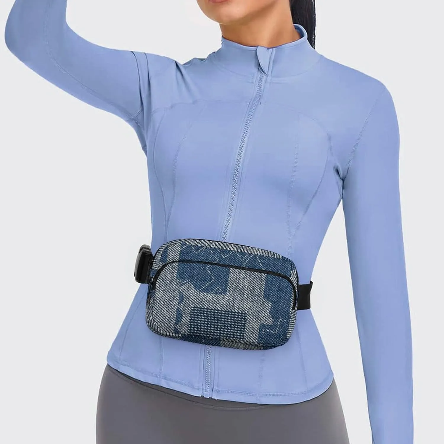 Retro Denim Patchwork Fanny Pack Belt Bag with Adjustable Strap Blue Grey Waist Packs Small Pouch Crossbody Bags for Hiking Running Cycling Traveling