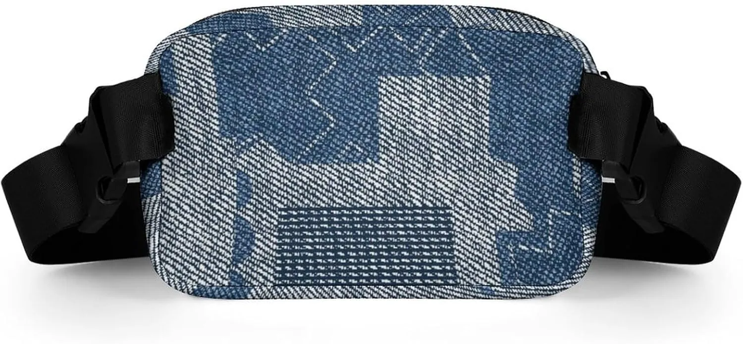 Retro Denim Patchwork Fanny Pack Belt Bag with Adjustable Strap Blue Grey Waist Packs Small Pouch Crossbody Bags for Hiking Running Cycling Traveling