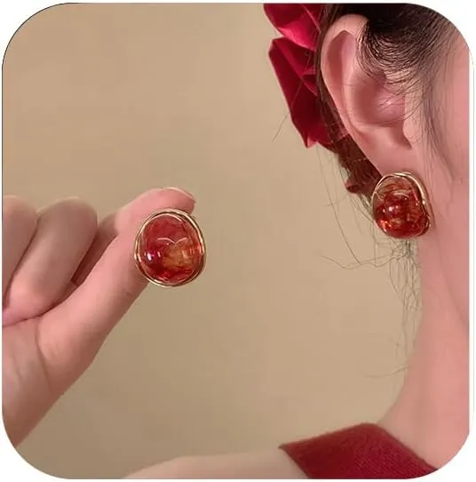 Retro Red Ball Stud Earrings, Handcrafted Resin with Gold-Plated Trim Minimalist Vintage Style Earring