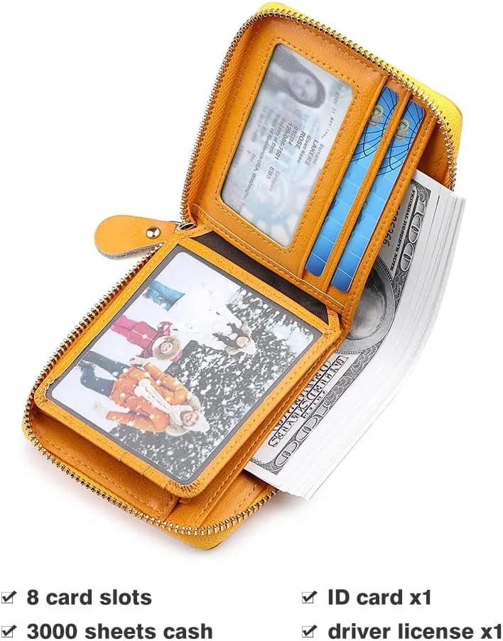 RFID Wallets for women Genuine Leather Zipper Purses Secure Large Capacity Multi-card Clutch colourful Travel Wallets (Yellow)