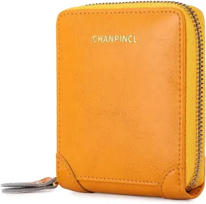 RFID Wallets for women Genuine Leather Zipper Purses Secure Large Capacity Multi-card Clutch colourful Travel Wallets (Yellow)