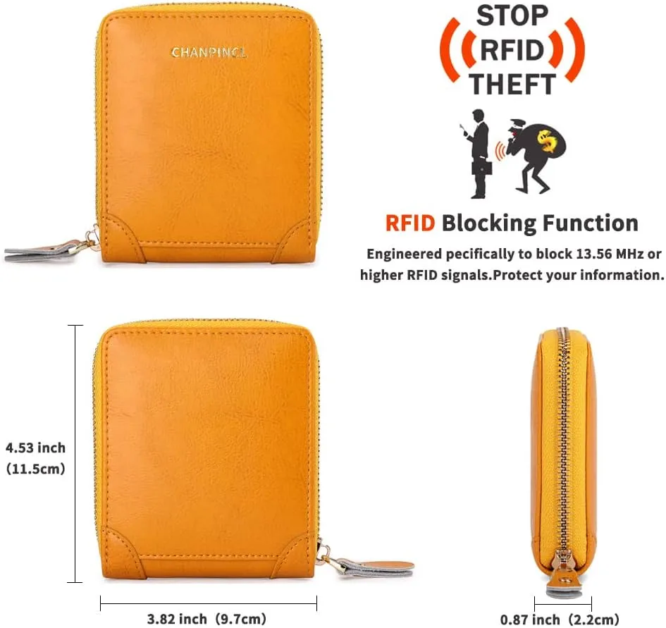 RFID Wallets for women Genuine Leather Zipper Purses Secure Large Capacity Multi-card Clutch colourful Travel Wallets (Yellow)