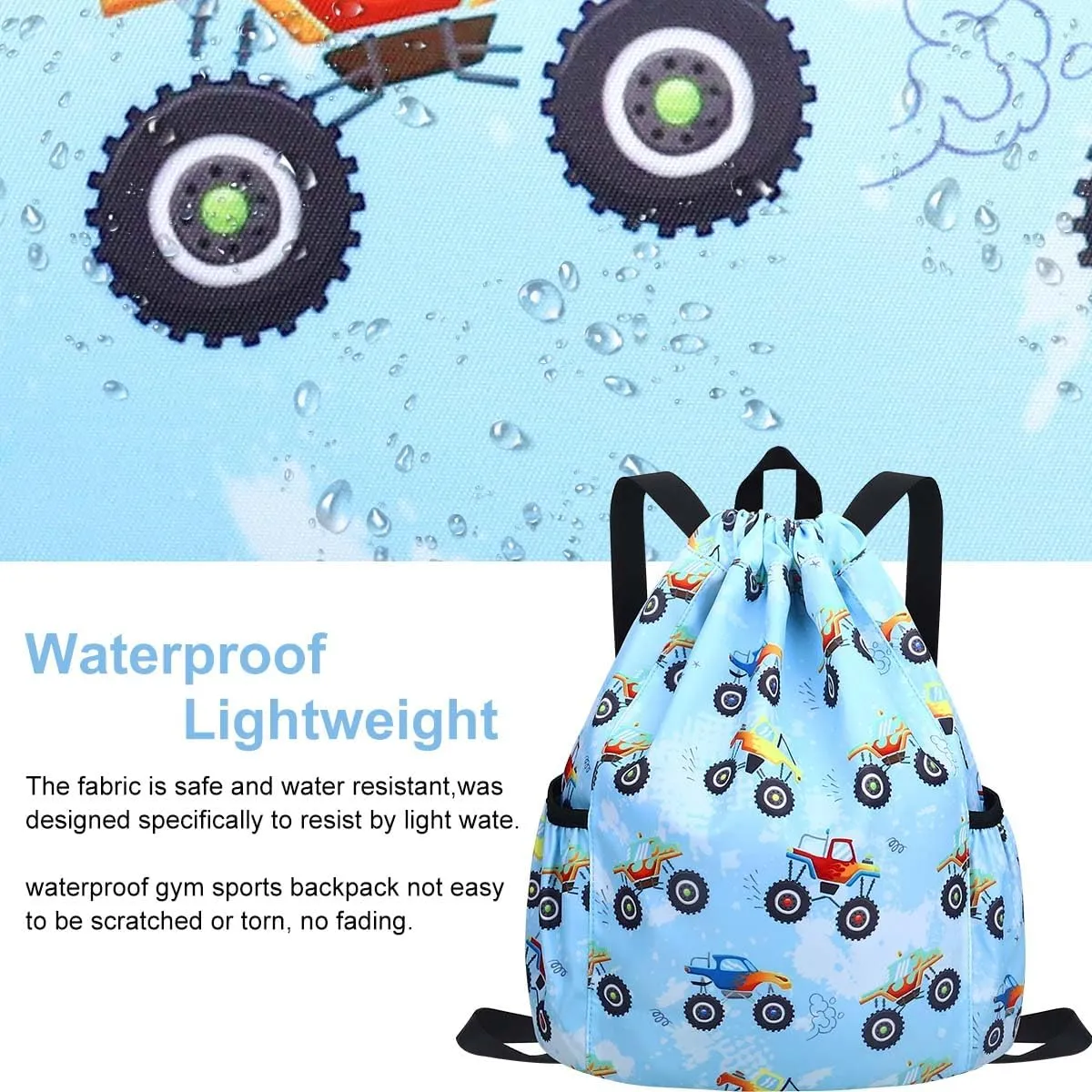 RHCPFOVR Drawstring Backpack for Kids - Car Bags for Girls Gym Dance Beach Swim Travel Bag With Two Water Bottle Holder