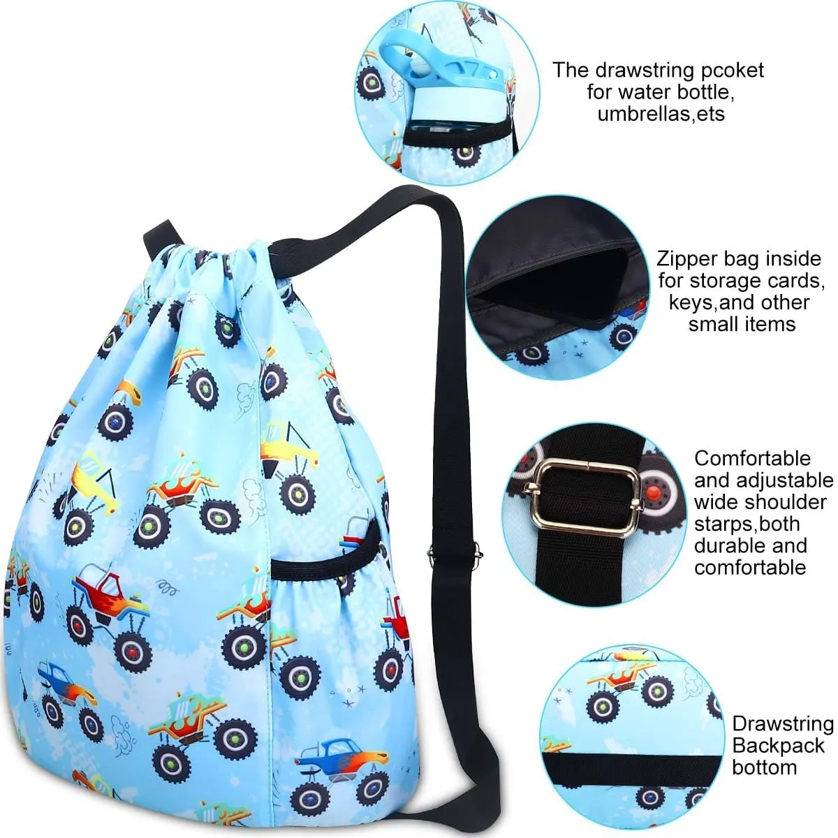 RHCPFOVR Drawstring Backpack for Kids - Car Bags for Girls Gym Dance Beach Swim Travel Bag With Two Water Bottle Holder