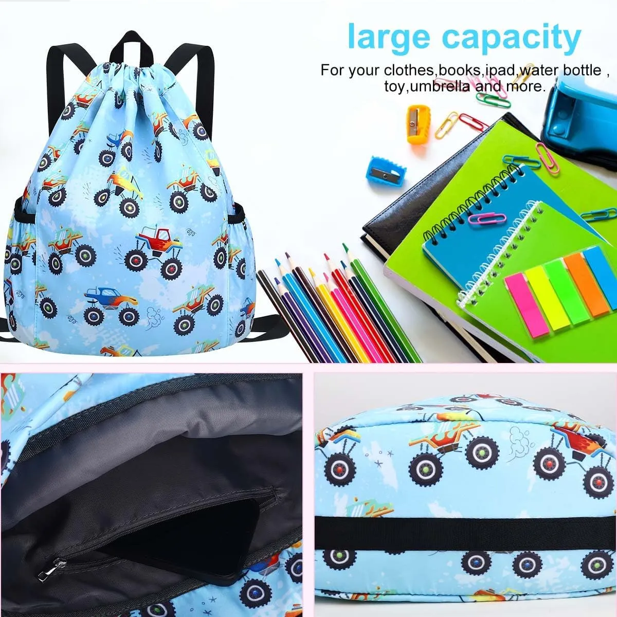 RHCPFOVR Drawstring Backpack for Kids - Car Bags for Girls Gym Dance Beach Swim Travel Bag With Two Water Bottle Holder