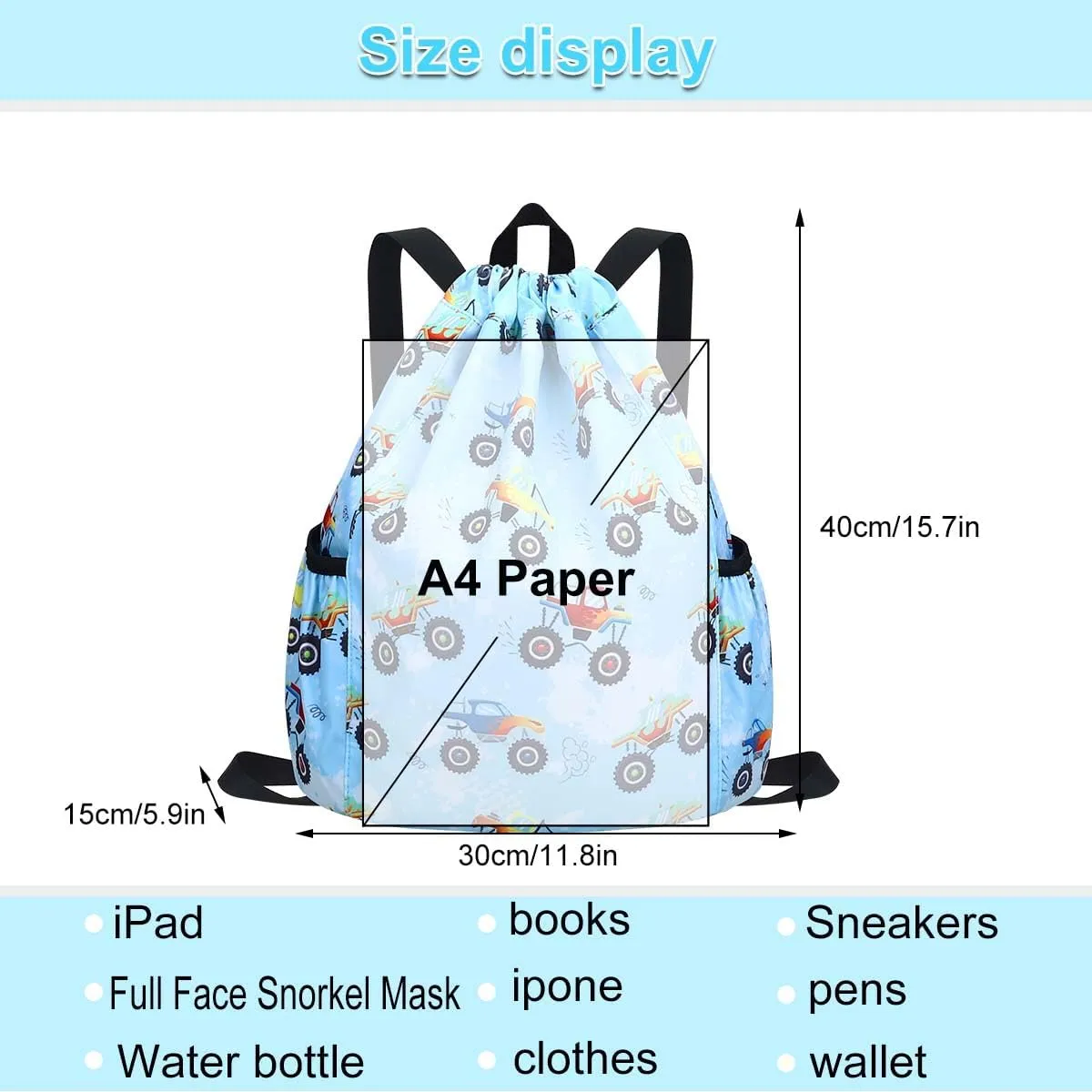 RHCPFOVR Drawstring Backpack for Kids - Car Bags for Girls Gym Dance Beach Swim Travel Bag With Two Water Bottle Holder