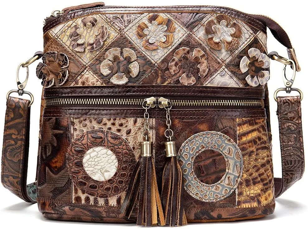 ROUROU Shoulder Bag for Women Genuine Leather Crossbody Bag Multi Color Patchwork Handbag Satchel Retro Purse with Tassel