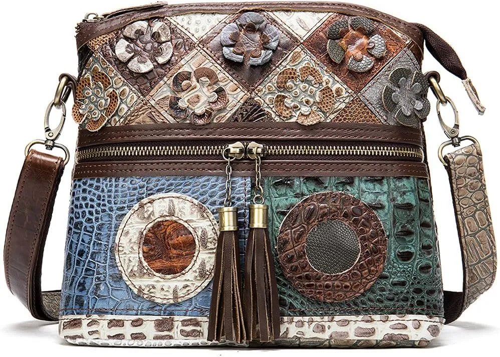 ROUROU Shoulder Bag for Women Genuine Leather Crossbody Bag Multi Color Patchwork Handbag Satchel Retro Purse with Tassel