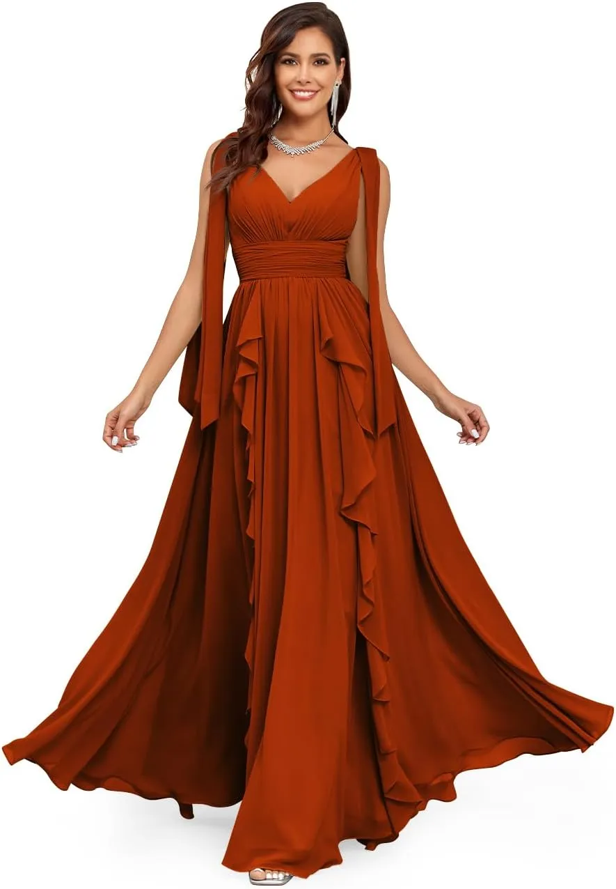 Ruffle Bridesmaid Dresses for Women Long V Neck Chiffon Ruched Flowy Formal Dress for Wedding
