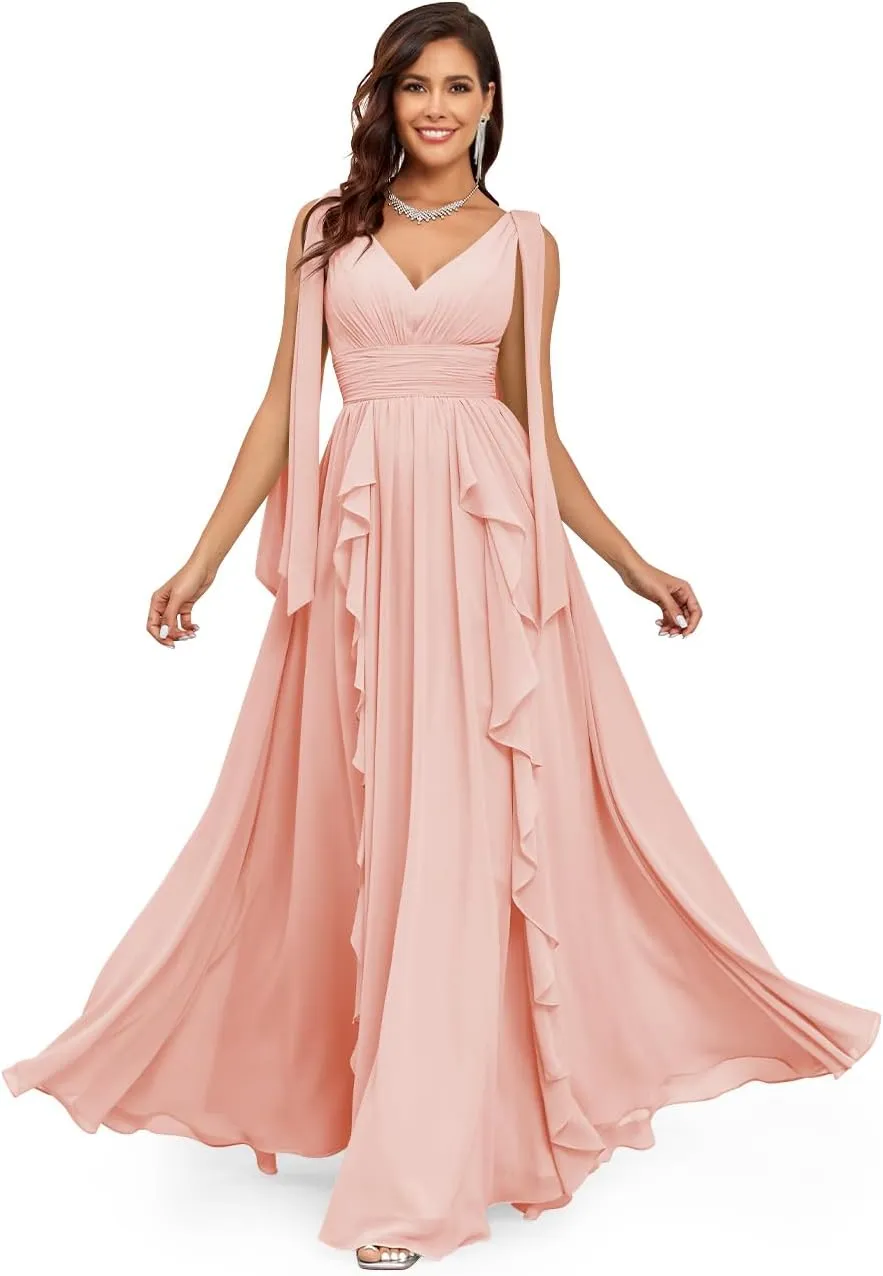 Ruffle Bridesmaid Dresses for Women Long V Neck Chiffon Ruched Flowy Formal Dress for Wedding