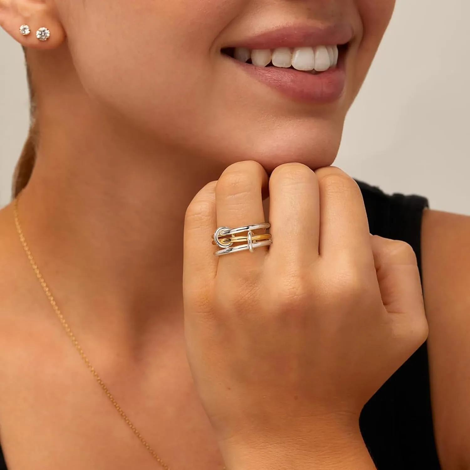 S925 Sterling Silver&14K Plated Gold Stackable Rings, 3 Women's Stacking Ring, Multi-Link Connected, Interlocking Band for men/girlfriend, Statement Stacked, Hypoallergenic,Durable Non Tarnish rings
