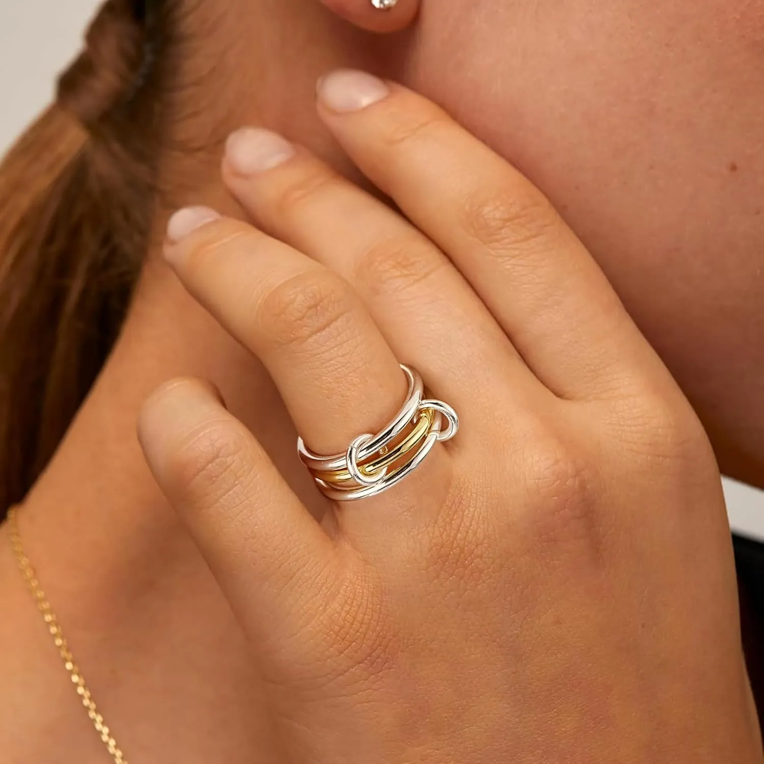 S925 Sterling Silver&14K Plated Gold Stackable Rings, 3 Women's Stacking Ring, Multi-Link Connected, Interlocking Band for men/girlfriend, Statement Stacked, Hypoallergenic,Durable Non Tarnish rings